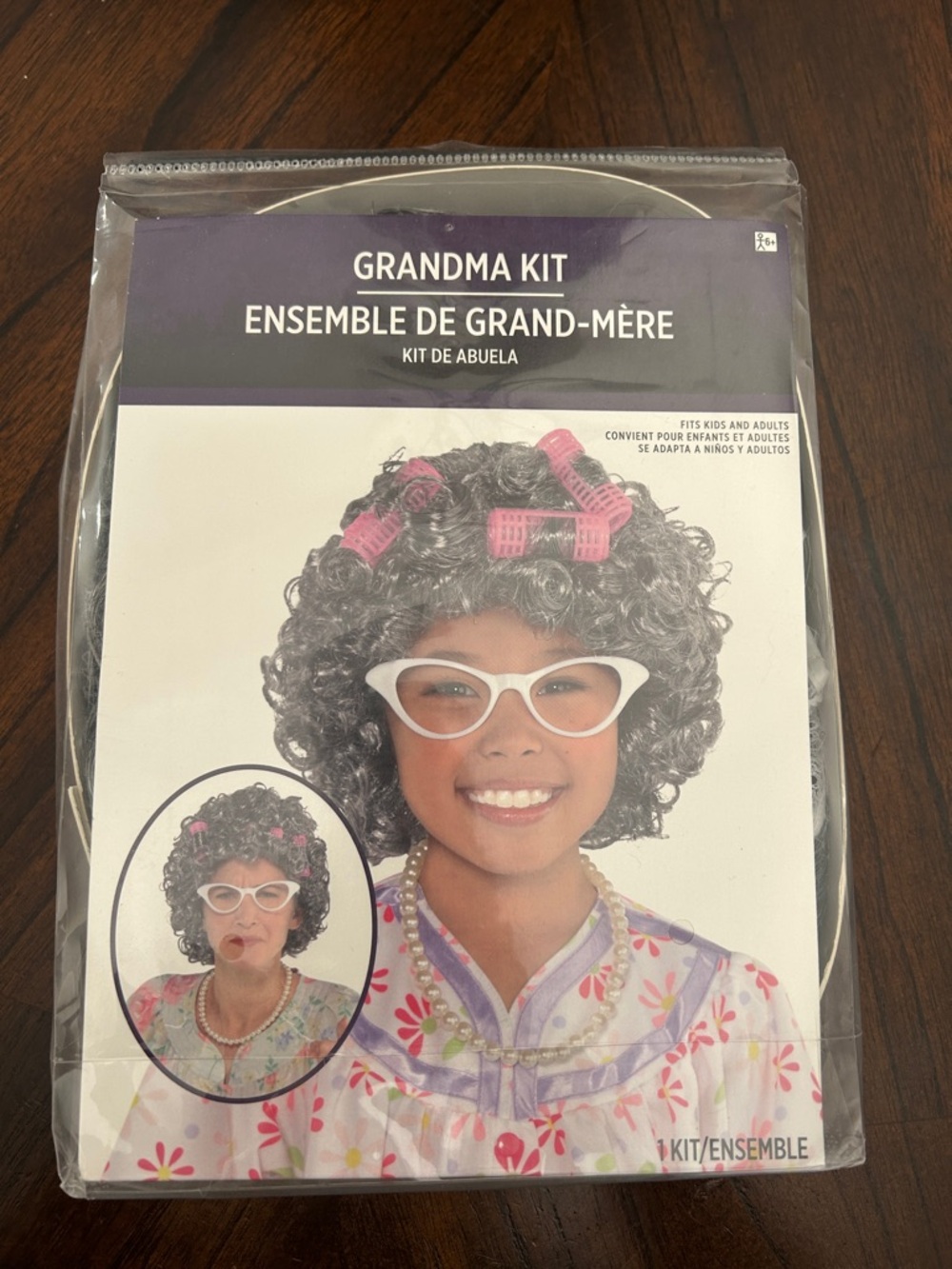Grandma Kit Wig Costume with Pink Rollers and White Glasses